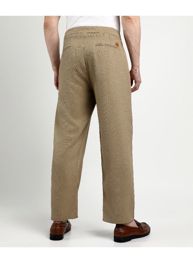 Men's Khaki Brown Tailored Linen-Blend Trousers