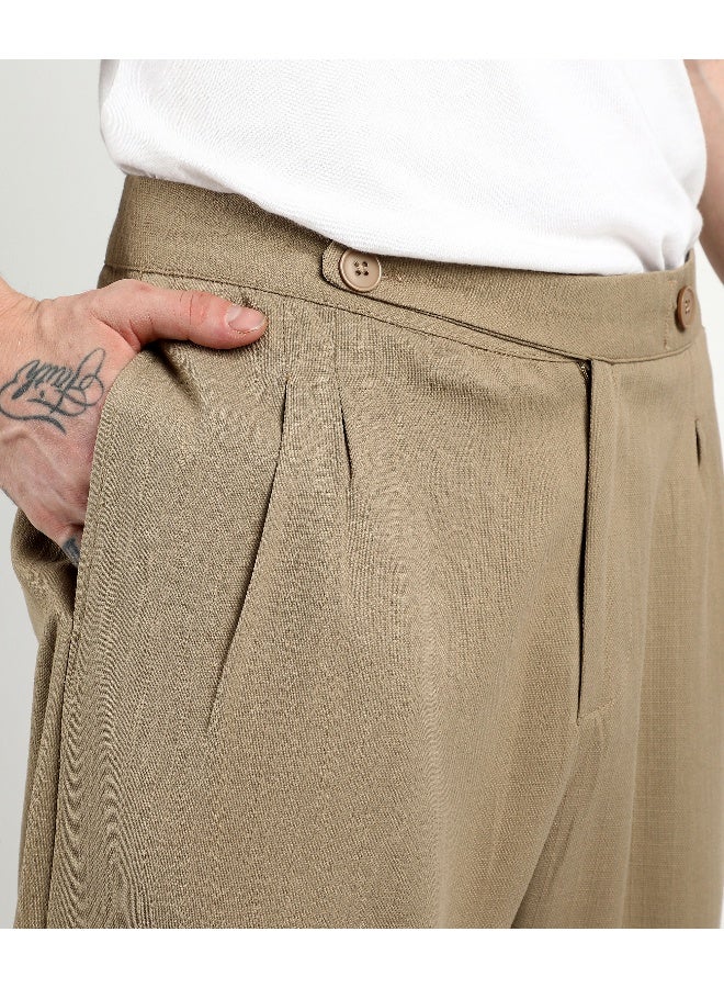 Men's Khaki Brown Tailored Linen-Blend Trousers