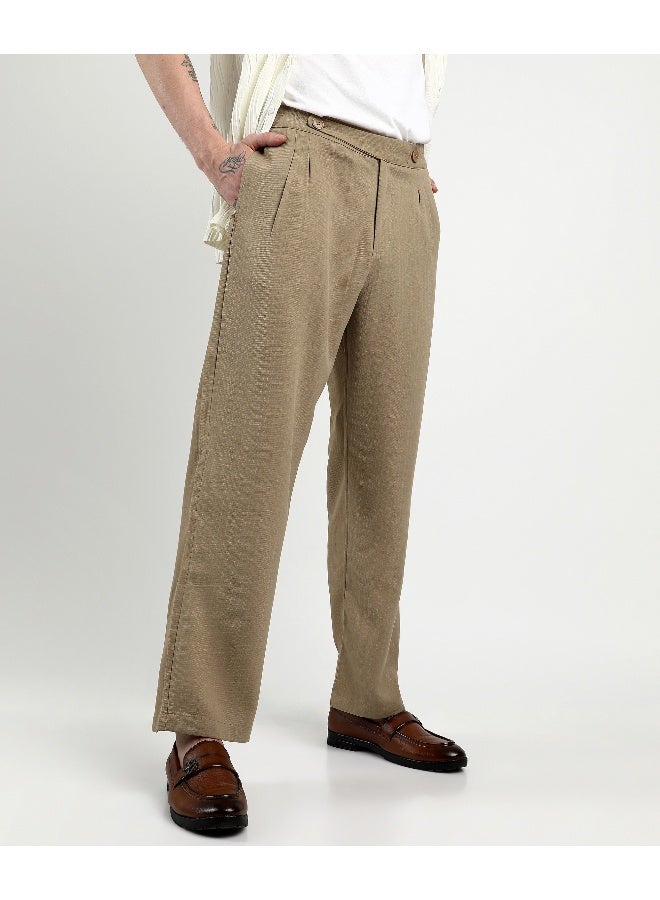 Men's Khaki Brown Tailored Linen-Blend Trousers