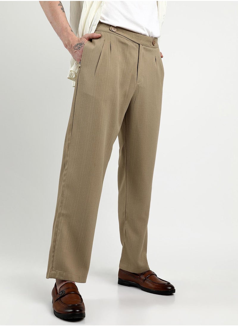 Men's Khaki Brown Tailored Linen-Blend Trousers