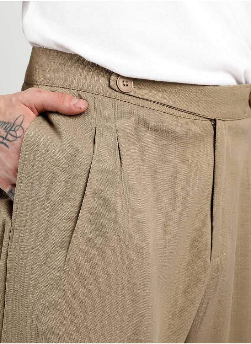 Men's Khaki Brown Tailored Linen-Blend Trousers