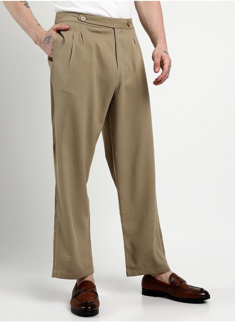 Men's Khaki Brown Tailored Linen-Blend Trousers