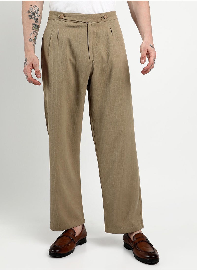 Men's Khaki Brown Tailored Linen-Blend Trousers