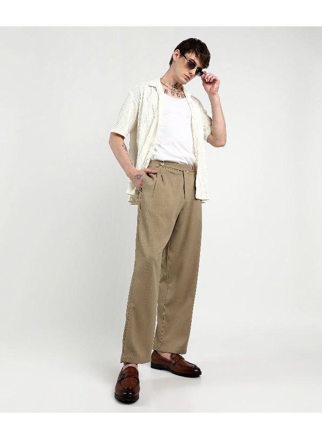 Men's Khaki Brown Tailored Linen-Blend Trousers