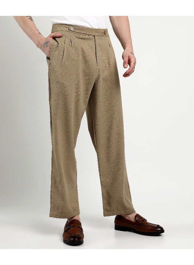 Men's Khaki Brown Tailored Linen-Blend Trousers