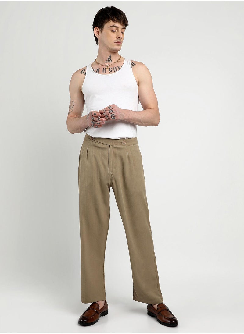 Men's Khaki Brown Tailored Linen-Blend Trousers