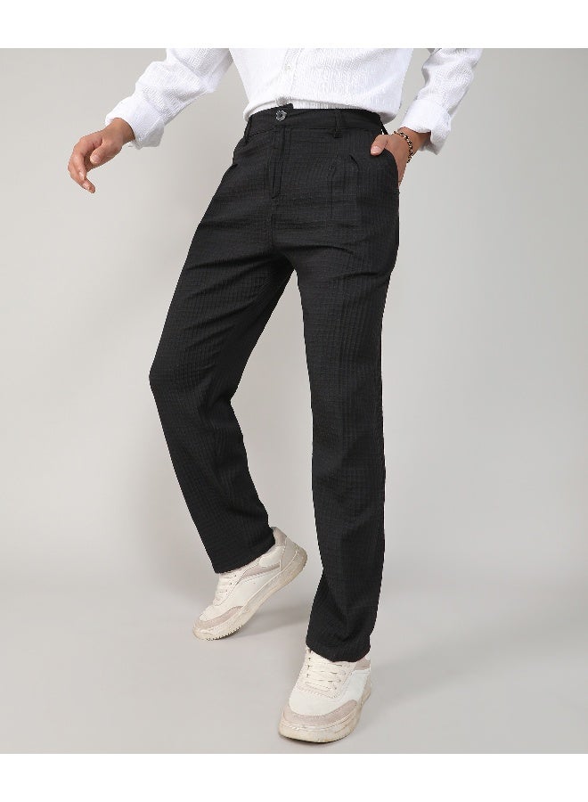 Men's Charcoal Black Textured Graph Check Trousers