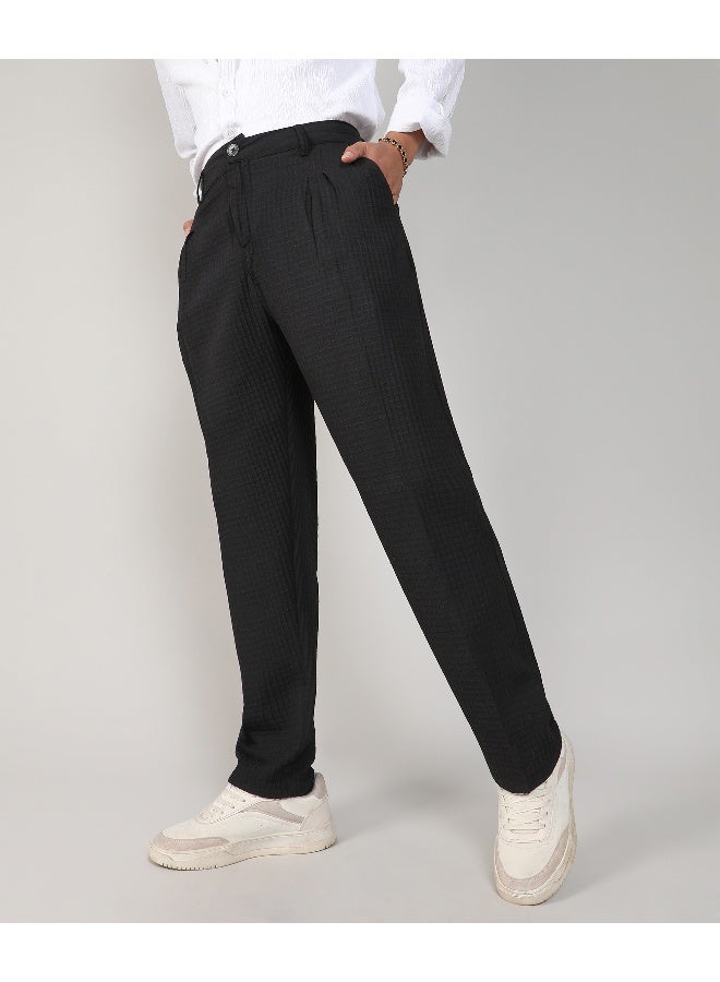 Men's Charcoal Black Textured Graph Check Trousers