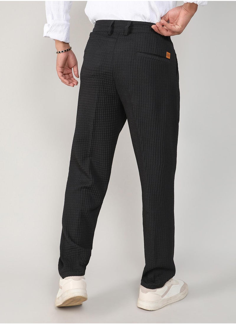 Men's Charcoal Black Textured Graph Check Trousers