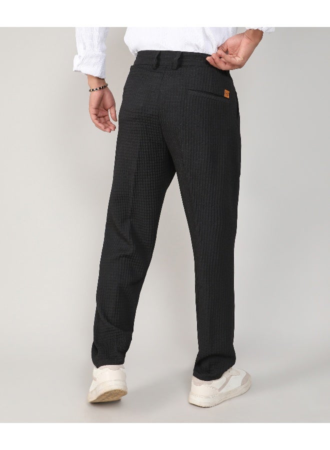 Men's Charcoal Black Textured Graph Check Trousers