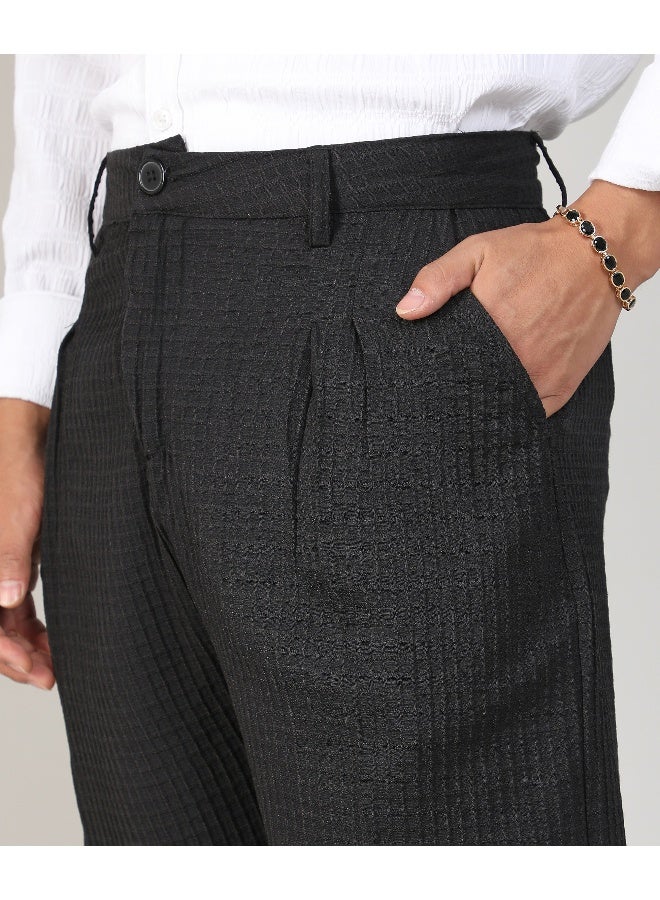 Men's Charcoal Black Textured Graph Check Trousers