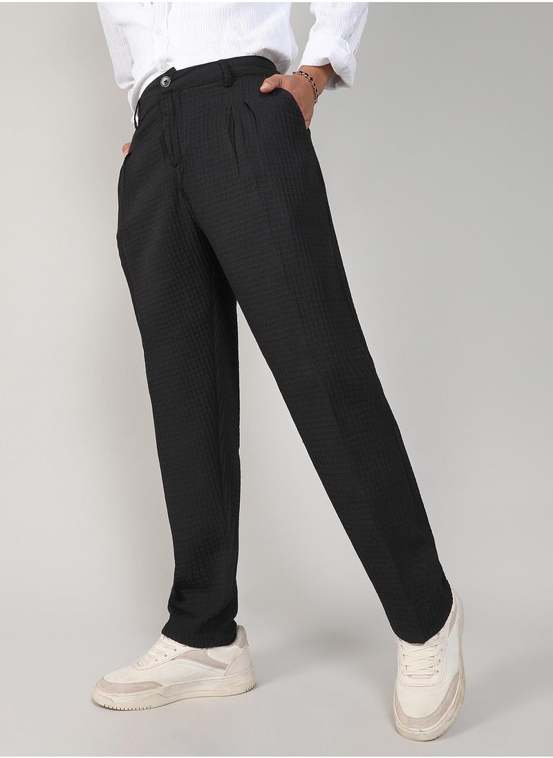 Men's Charcoal Black Textured Graph Check Trousers