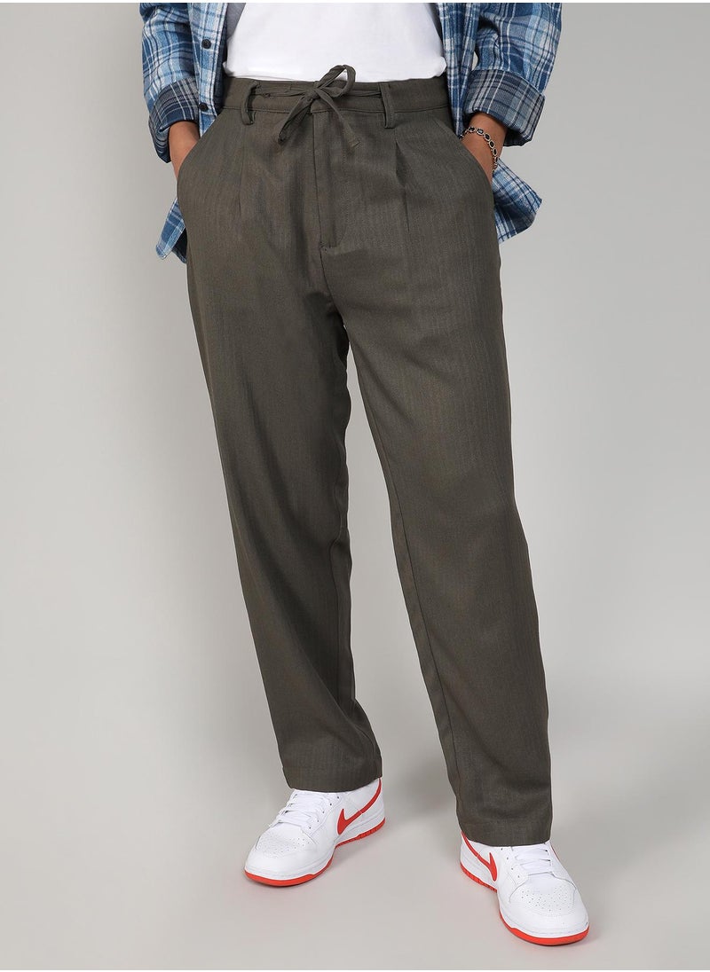 Men's Olive Green Tailored Linen-Blend Trousers