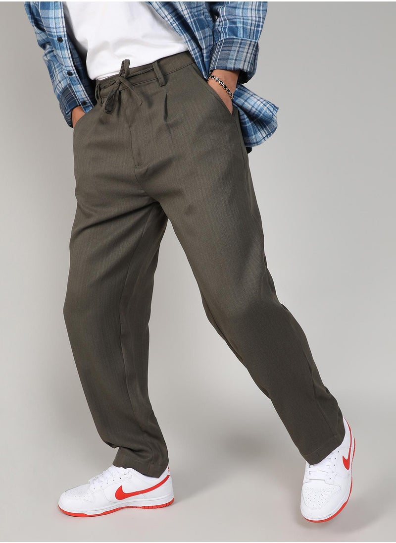 Men's Olive Green Tailored Linen-Blend Trousers