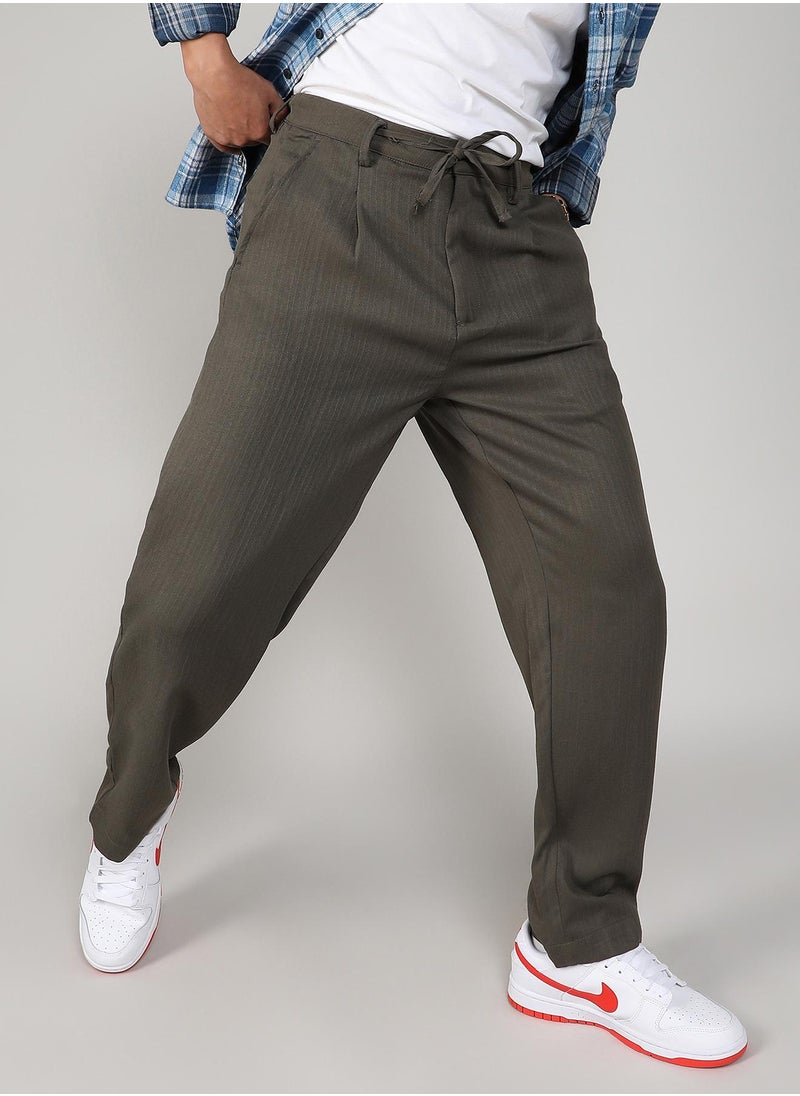 Men's Olive Green Tailored Linen-Blend Trousers