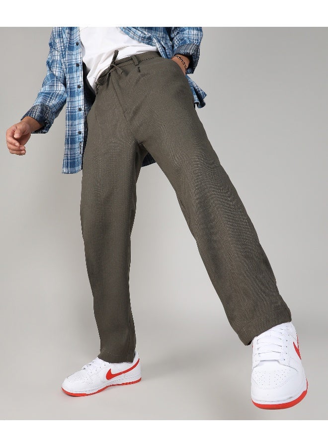 Men's Olive Green Tailored Linen-Blend Trousers