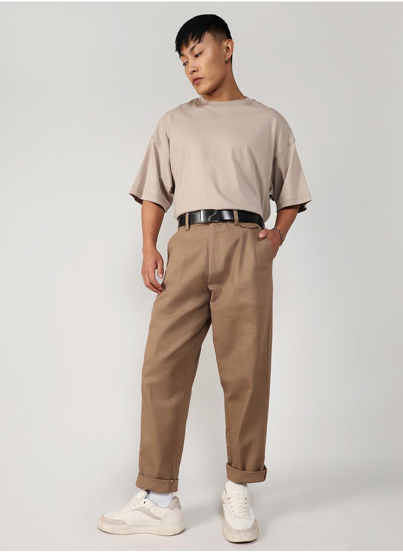 Men's Camel Brown Tailored Linen-Blend Trousers