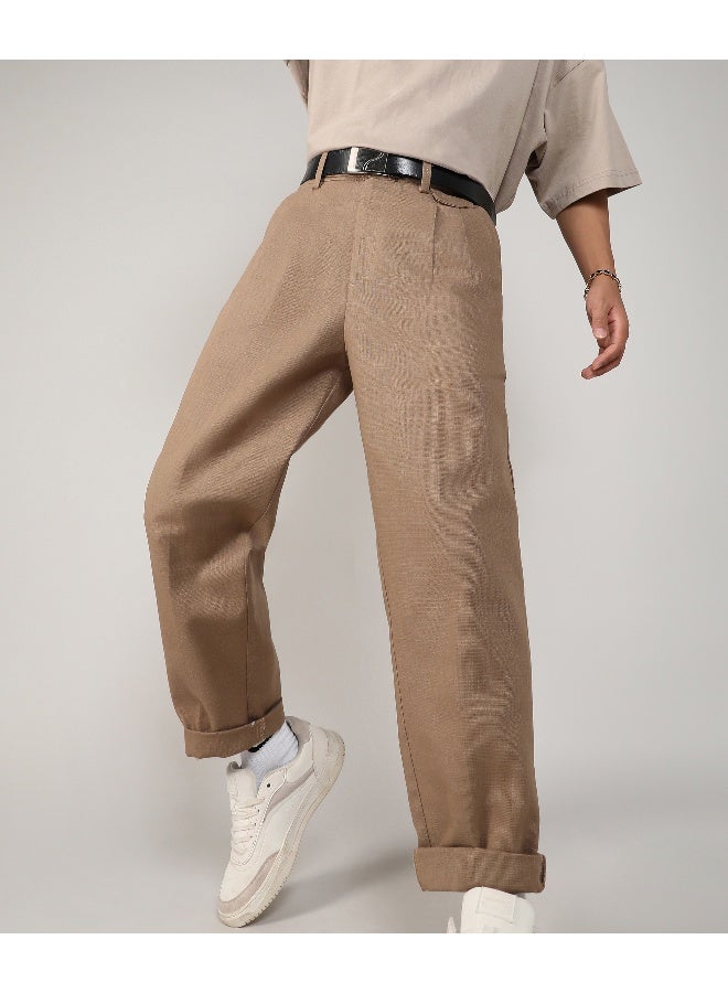 Men's Camel Brown Tailored Linen-Blend Trousers