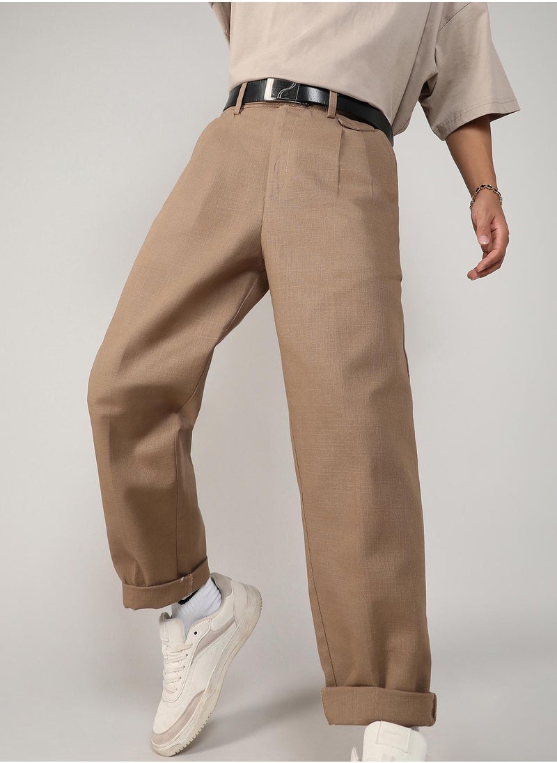 Men's Camel Brown Tailored Linen-Blend Trousers