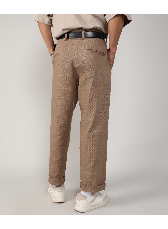 Men's Camel Brown Tailored Linen-Blend Trousers