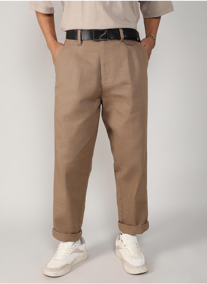 Men's Camel Brown Tailored Linen-Blend Trousers