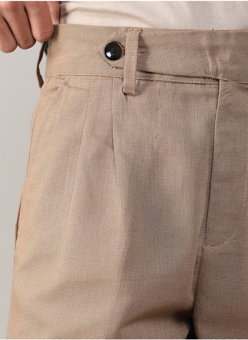 Men's Camel Brown Tailored Linen-Blend Trousers