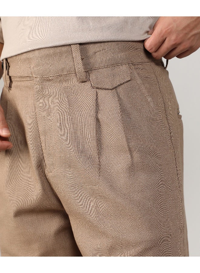 Men's Camel Brown Tailored Linen-Blend Trousers