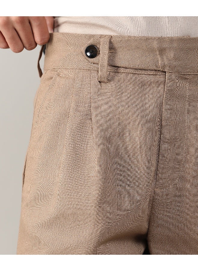 Men's Camel Brown Tailored Linen-Blend Trousers