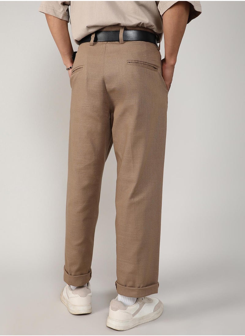 Men's Camel Brown Tailored Linen-Blend Trousers