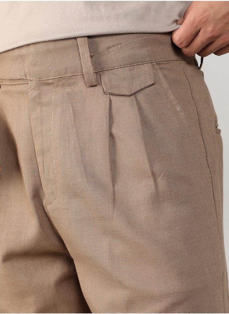 Men's Camel Brown Tailored Linen-Blend Trousers