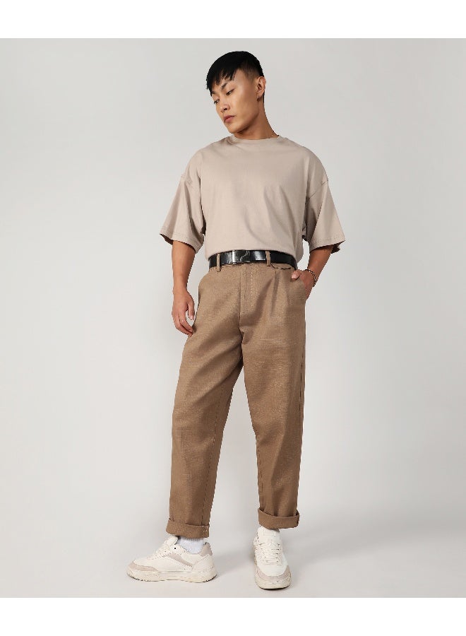 Men's Camel Brown Tailored Linen-Blend Trousers