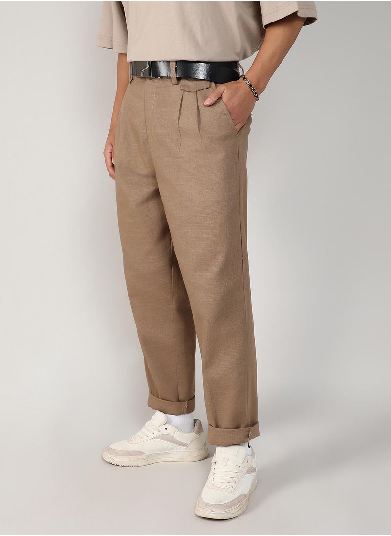 Men's Camel Brown Tailored Linen-Blend Trousers