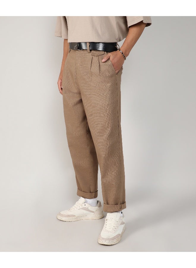 Men's Camel Brown Tailored Linen-Blend Trousers