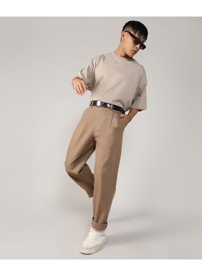 Men's Camel Brown Tailored Linen-Blend Trousers