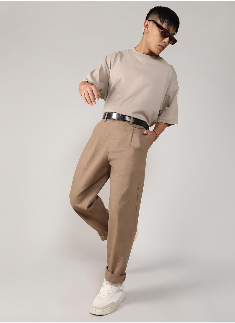 Men's Camel Brown Tailored Linen-Blend Trousers