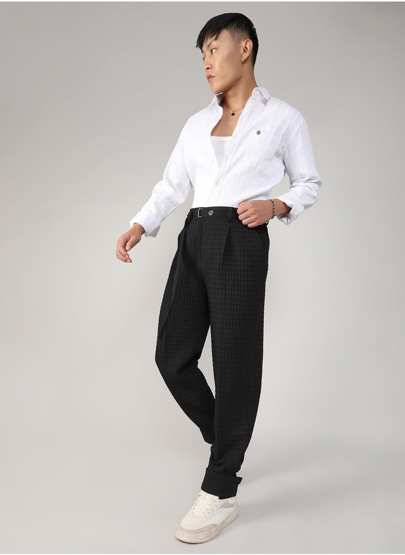 Men's Midnight Black Textured Graph Check Trousers