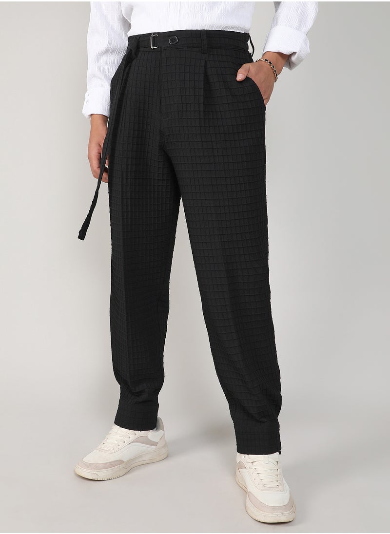 Men's Midnight Black Textured Graph Check Trousers