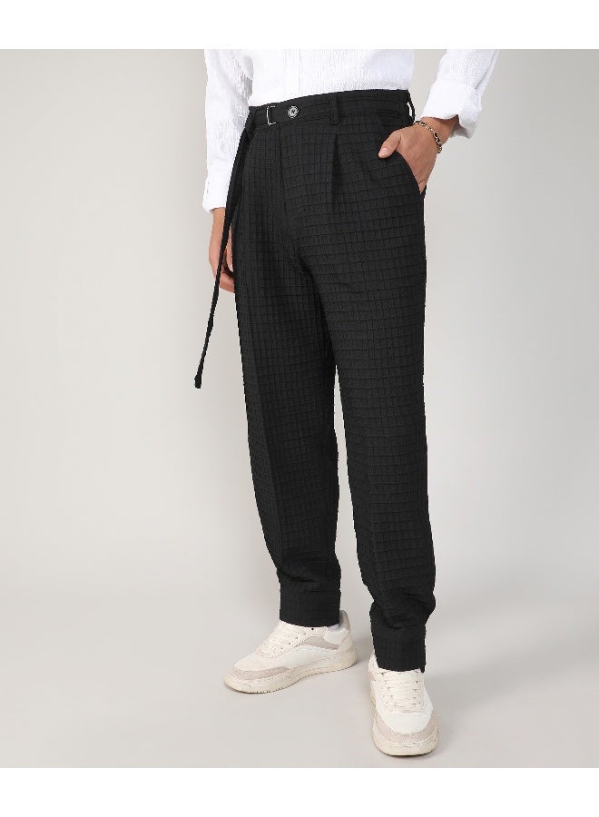 Men's Midnight Black Textured Graph Check Trousers