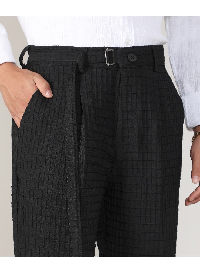 Men's Midnight Black Textured Graph Check Trousers