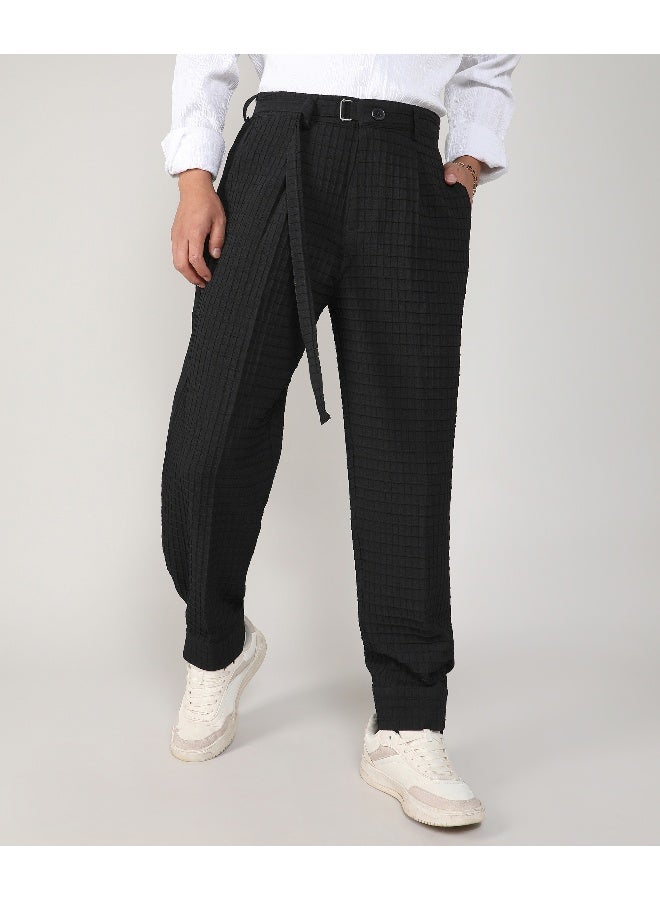 Men's Midnight Black Textured Graph Check Trousers