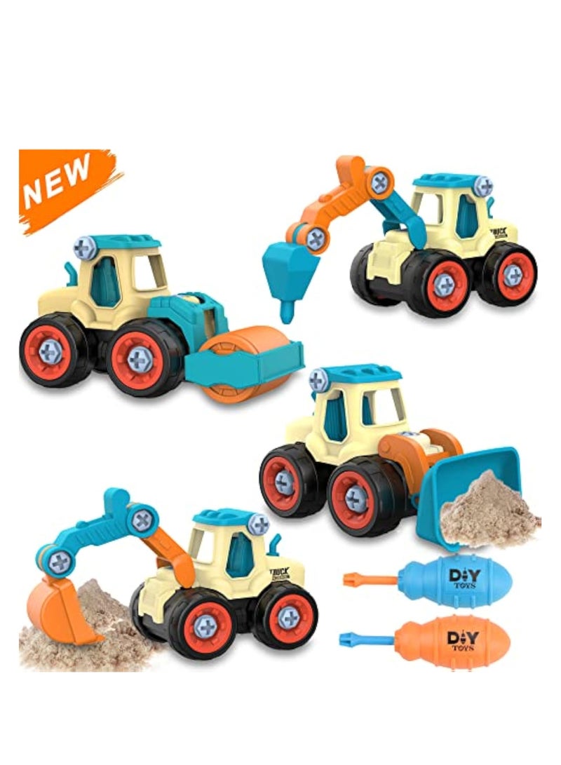 Sand Toys for Kids Toddlers: Take Apart Construction Toys Truck Set Includes Road Roller, Excavator, Bulldozer, Drilling Truck