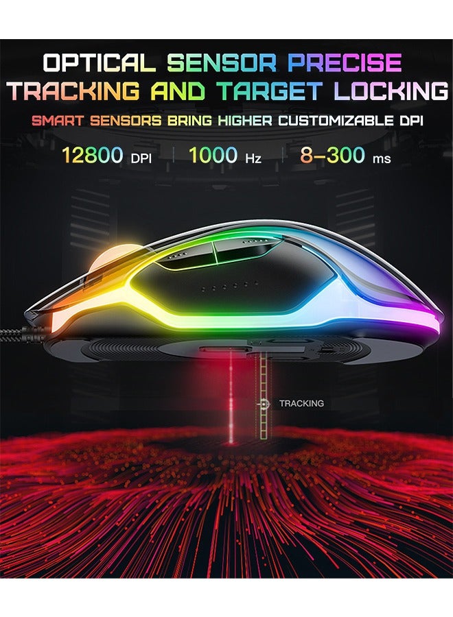 Gaming Mouse, Wired Gaming Mice 12,800 DPI Sensor, 8 Buttons High Precision Programmable Computer Gaming Mice Lightweight Gaming Mice Ergonomic Computer Mouse Gaming for Windows/PC/Mac/Laptop Gamer
