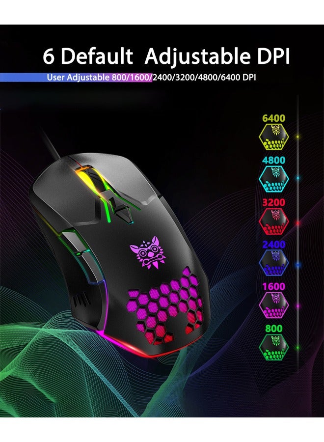 Gaming Mouse, Wired PC Entry Level Mice with RGB Backlit and Adjustable DPI, Ergonomic Office Laptop Mouse, Computer Gamer Mouse with 7 Responsive Buttons for Windows/Mac/Linux/Chrome