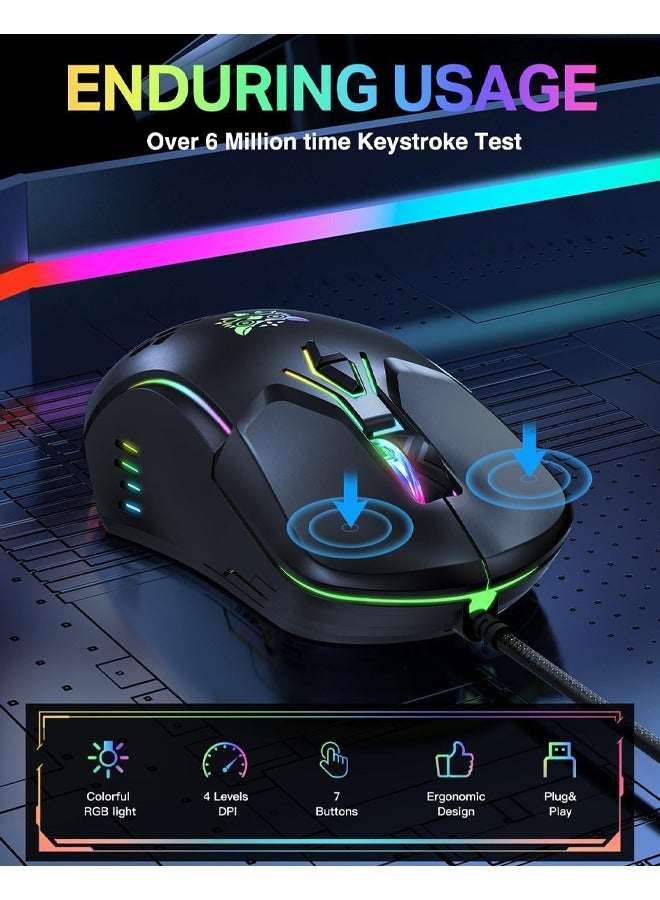 Gaming Mouse, Wired PC Entry Level Mice with RGB Backlit and Adjustable DPI, Ergonomic Office Laptop Mouse, Computer Gamer Mouse with 7 Responsive Buttons for Windows/Mac/Linux/Chrome