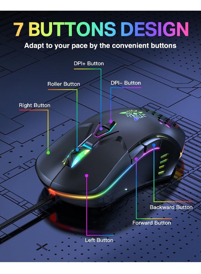Gaming Mouse, Wired PC Entry Level Mice with RGB Backlit and Adjustable DPI, Ergonomic Office Laptop Mouse, Computer Gamer Mouse with 7 Responsive Buttons for Windows/Mac/Linux/Chrome