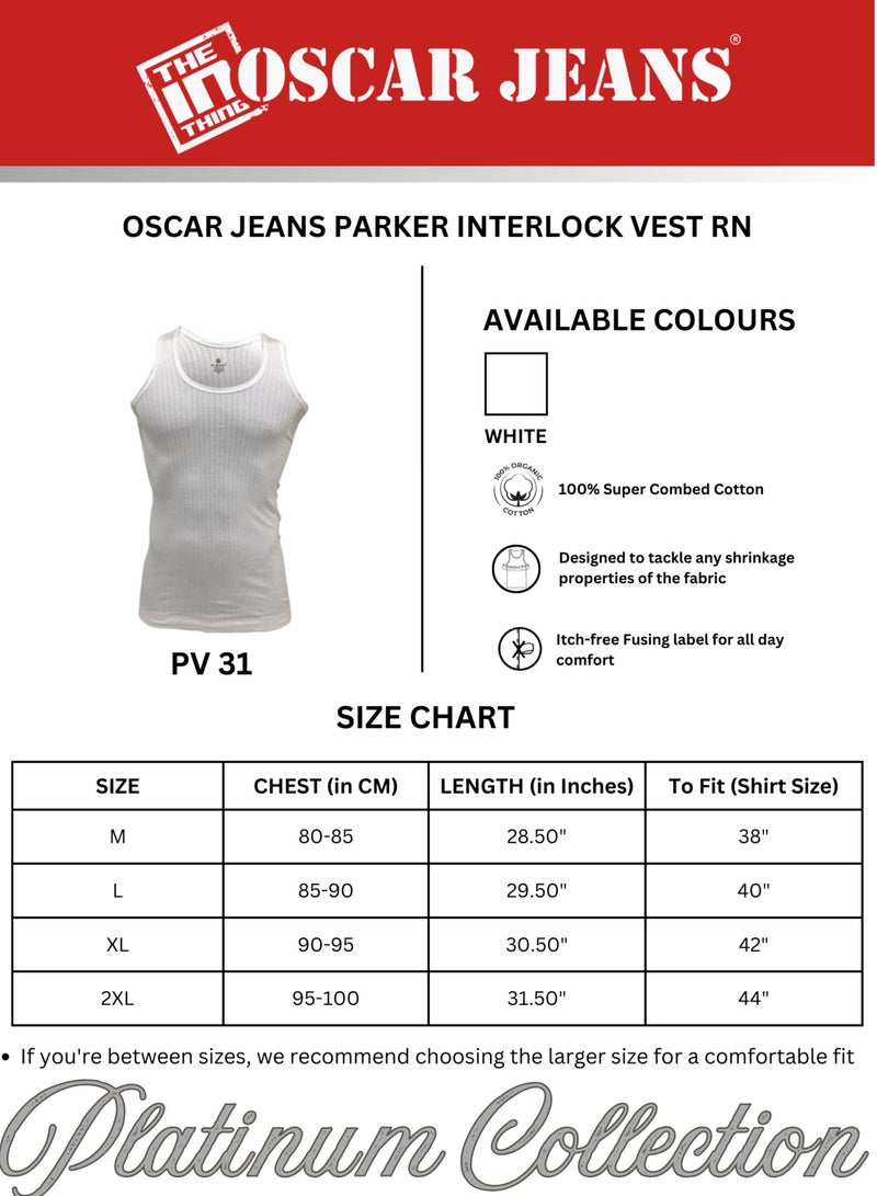 Pack of 3 Platinum Collection Double-Knit 100% Organic Cotton Interlock Parker Super Combed Men's Vest Inner Tank Top Ultrasoft Breathable Lightweight Sleeveless Sando