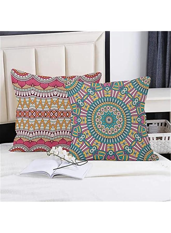 Set of 4 Mandala Bohemian Throw Pillow Covers, Decorative Hippie Boho Pillow Covers Square Linen Sofa Pillow Cases for Home Decor, 18x18 Inch (No Insert Included)