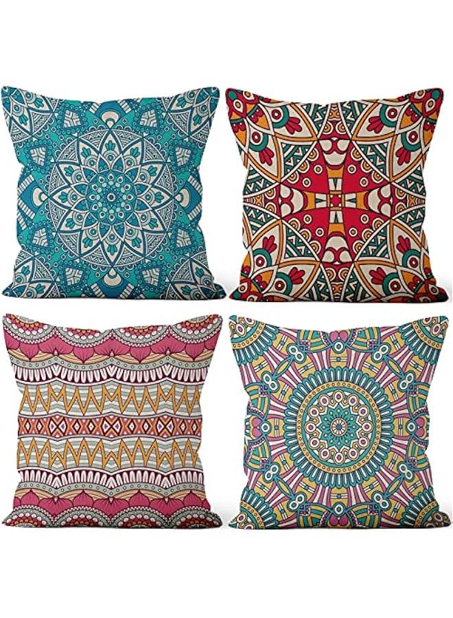 Set of 4 Mandala Bohemian Throw Pillow Covers, Decorative Hippie Boho Pillow Covers Square Linen Sofa Pillow Cases for Home Decor, 18x18 Inch (No Insert Included)