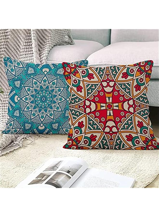 Set of 4 Mandala Bohemian Throw Pillow Covers, Decorative Hippie Boho Pillow Covers Square Linen Sofa Pillow Cases for Home Decor, 18x18 Inch (No Insert Included)