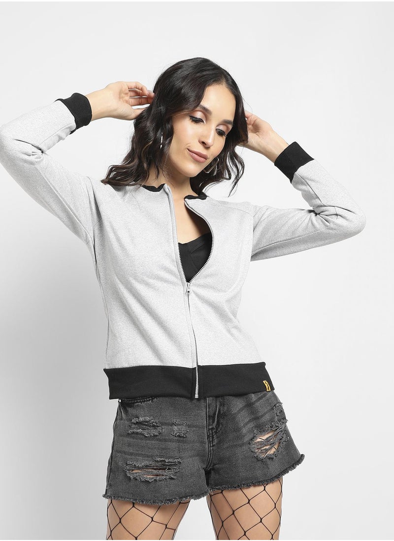 Women's Charcoal Grey Zip-Front Textured Hoodie